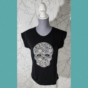 Mint Black 3D Floral Skull Crewneck T-Shirt